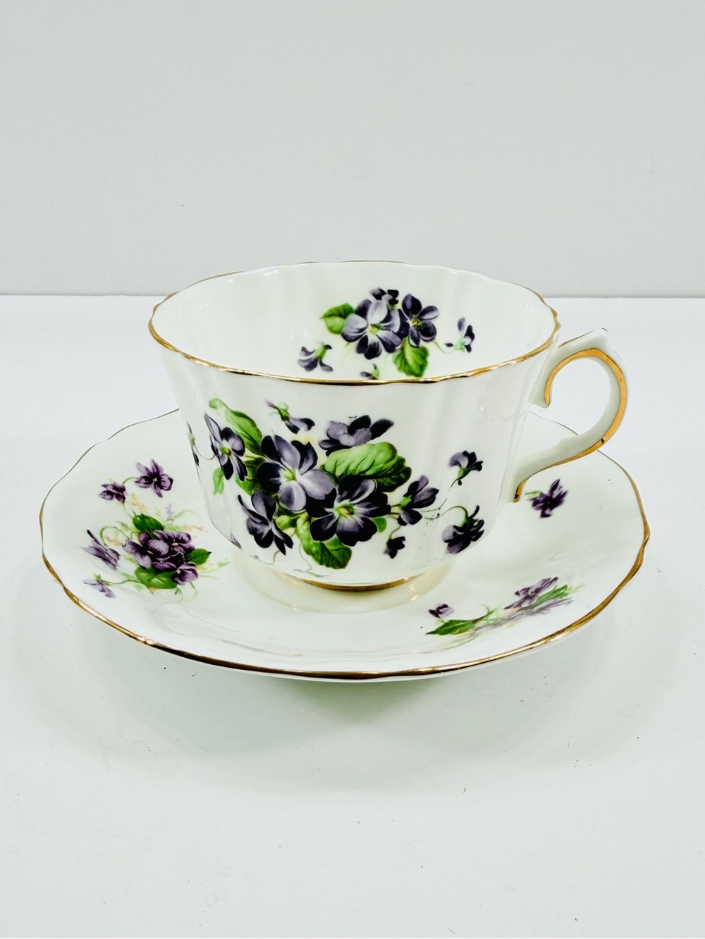 Old Royal & Adderley Fine Bone China Teacup Cup & Saucer Mismatch Purple Flowers
